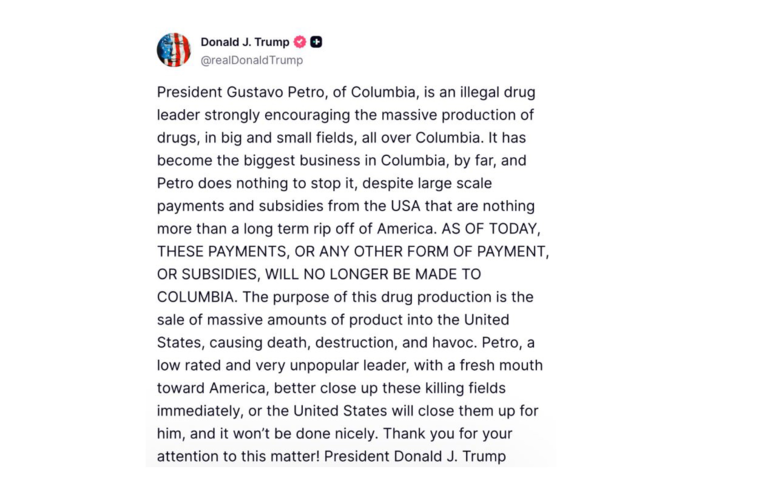 Trump llamó narcotraficante a Petro y eliminó todas las ayudas a Colombia 2 Captura de pantalla 2025 10 20 a las 8.49.13