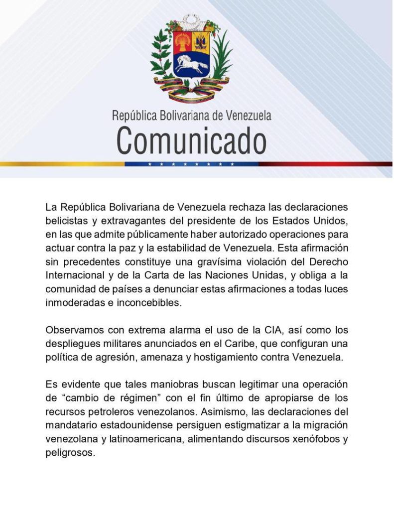 Venezuela rechazó declaraciones «belicistas y extravagantes» del presidente de EE. UU. 2 Comunicado 1