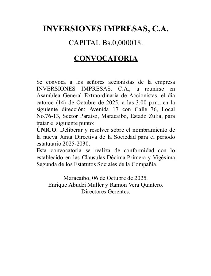 Convocatoria Asamblea de INVERSIONES