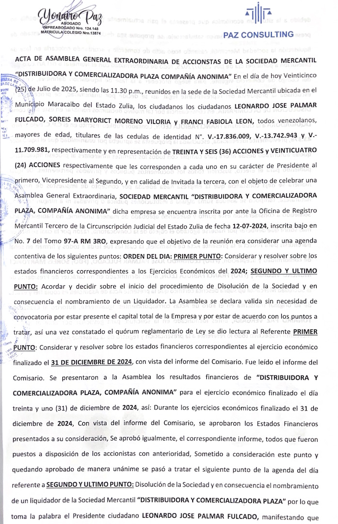 Acta de Asamblea General Extraordinaria de Accionistas de la Distribuidora y Comercializadora Plaza C.A. 1 Disolucion Plaza1