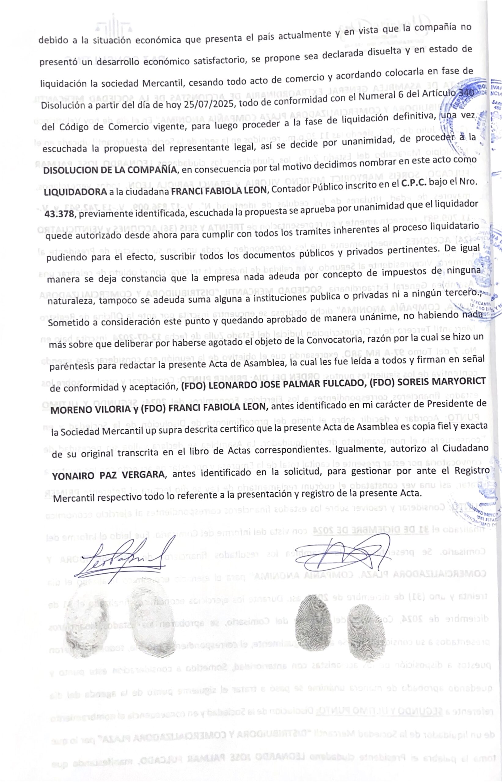 Acta de Asamblea General Extraordinaria de Accionistas de la Distribuidora y Comercializadora Plaza C.A. 2 Disolucion Plaza2 scaled
