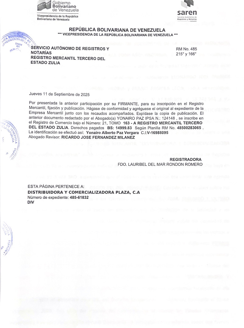 Acta de Asamblea General Extraordinaria de Accionistas de la Distribuidora y Comercializadora Plaza C.A. 4 Disolucion Plaza4