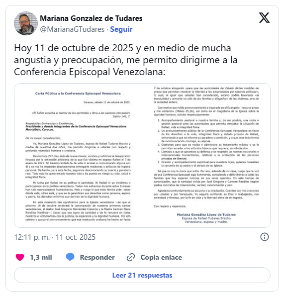 Hija de González Urrutia pidió apoyo a la Iglesia para constatar situación de su esposo 2 Hija de Urrutia