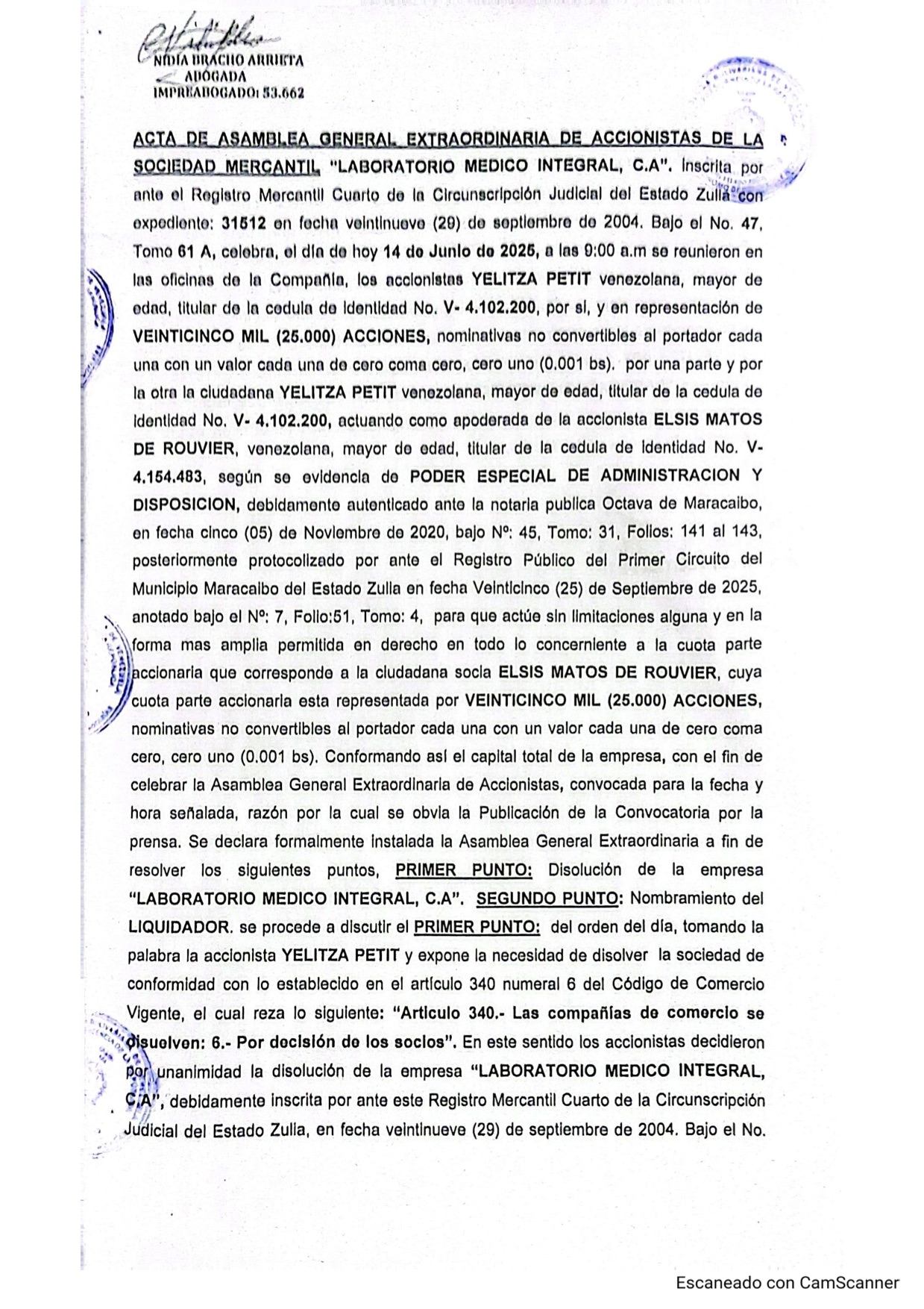 1era. Publicación del Acta de Asamblea General Extraordinaria de Accionistas de Laboratorio Médico Integral C.A. sobre su Disolución 1 LABORATORIO 1