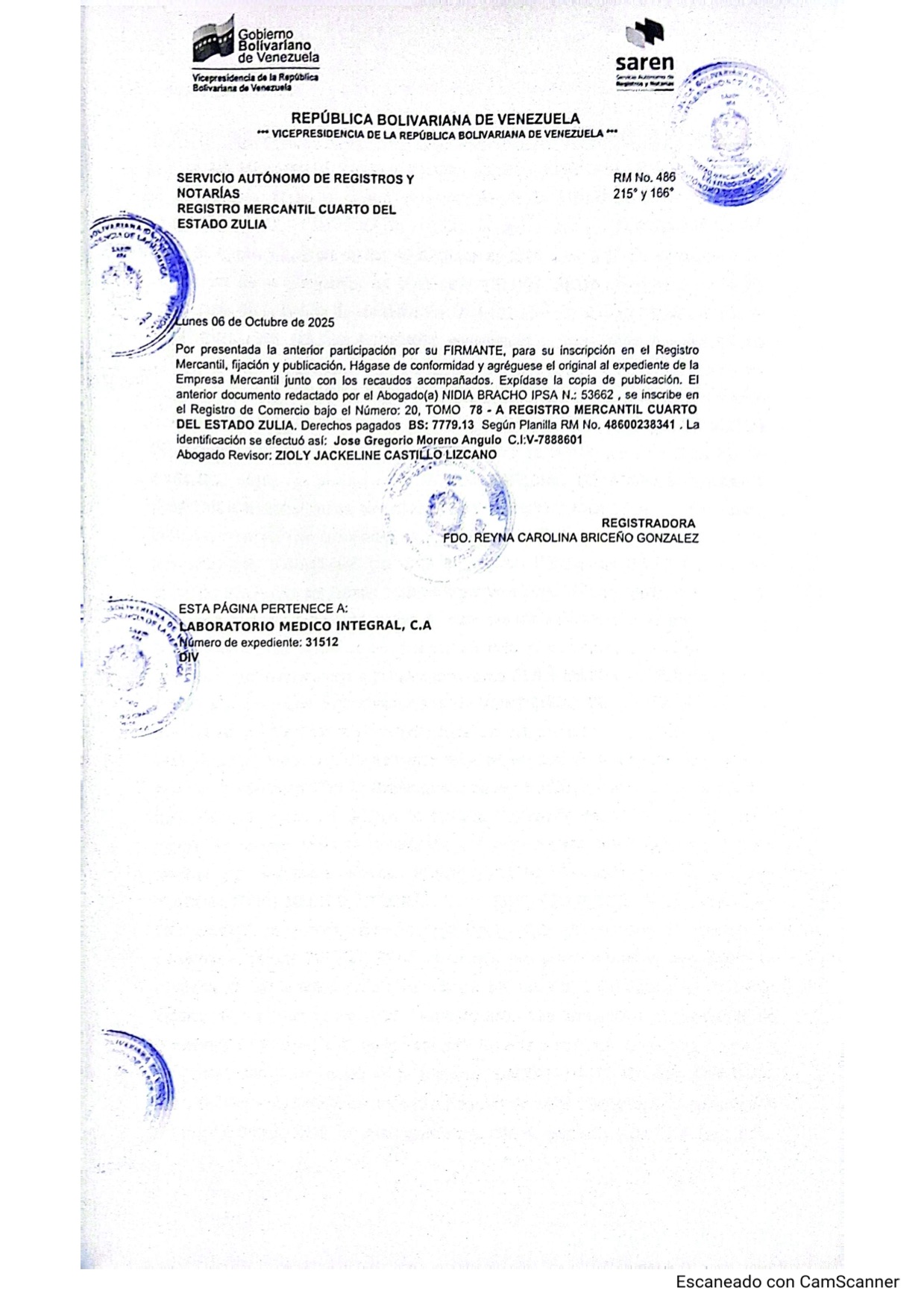 1era. Publicación del Acta de Asamblea General Extraordinaria de Accionistas de Laboratorio Médico Integral C.A. sobre su Disolución 4 LABORATORIO 4