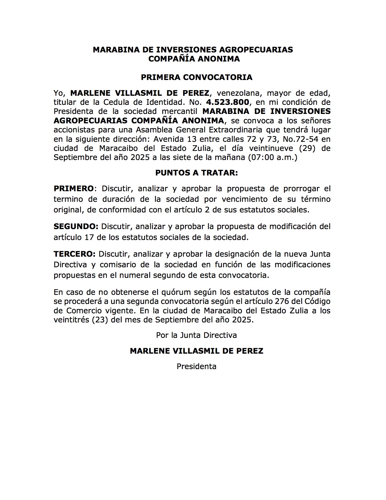 PRIMERA CONVOCATORIA MARABINA DE INVERSIONES AGROPECUARIAS 23 09