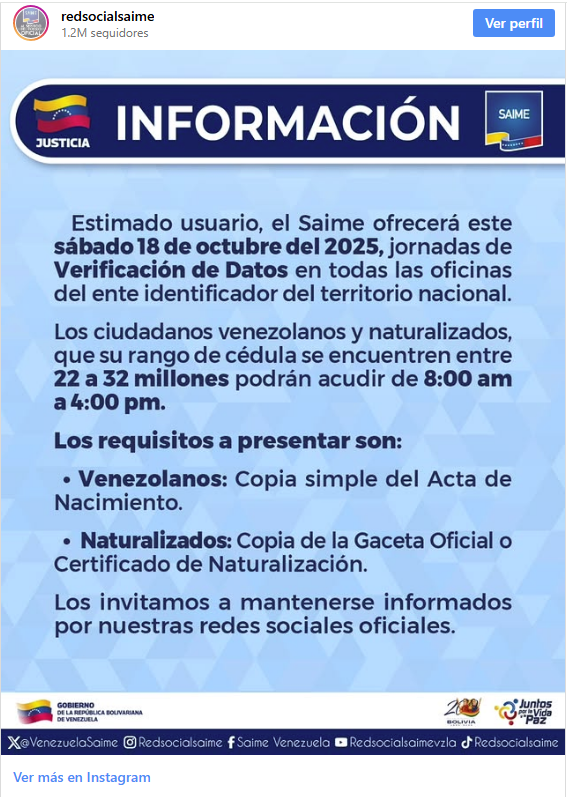 Saime realizará este #18Oct una nueva jornada de renovación de cédula sin cita y verificación de datos 2 Saime