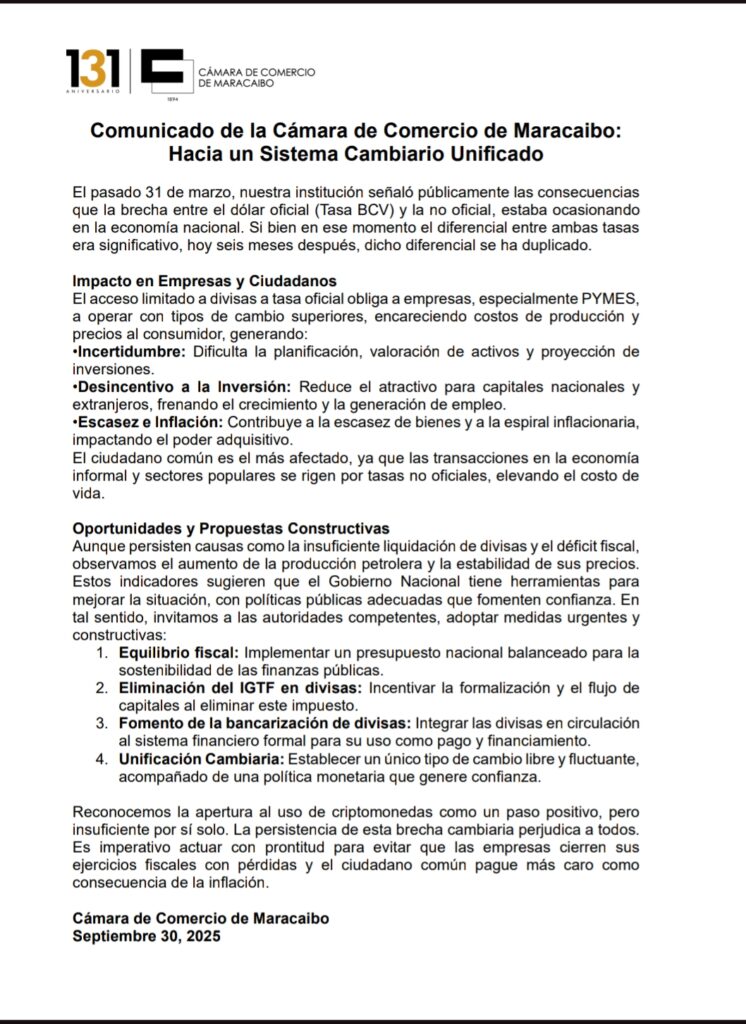 Cámara de Comercio de Maracaibo insta al gobierno a actuar «con prontitud» ante situación económica 2 Screenshot 20251001 105723