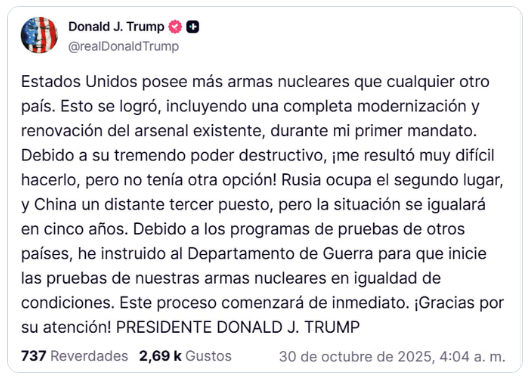 Trump ordenó iniciar pruebas de armas nucleares 2 Trump