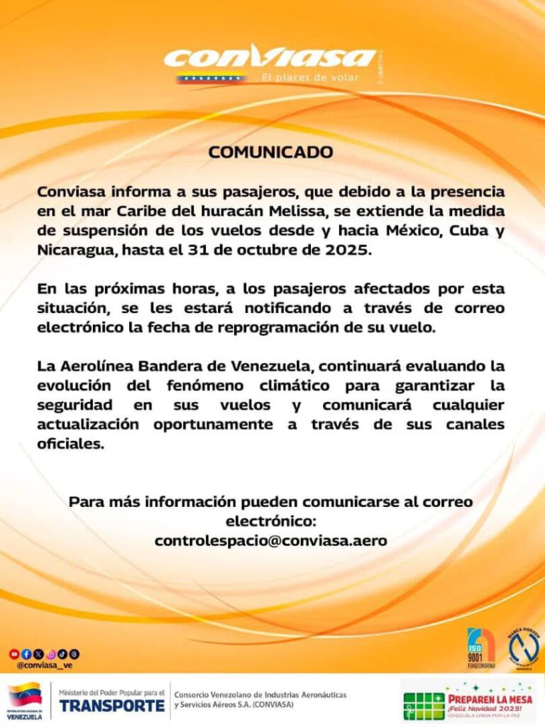 Conviasa extendió suspensión de vuelos hacia México, Nicaragua y Cuba hasta el 31 de octubre 2 WhatsApp Image 2025 10 29 at 6.10.03 PM