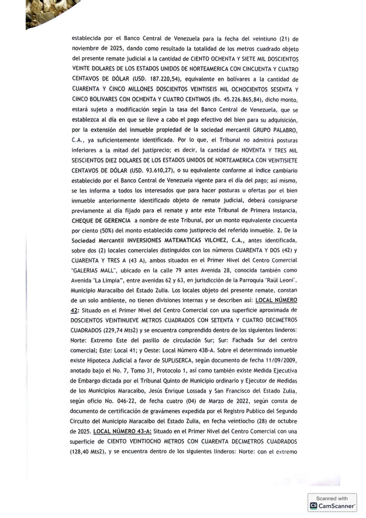 3er. Cartel de Remate en el juicio por Cobro de Bolívares por Vía Ejecutiva que sigue la Junta de Condominio del Centro Comercial Galerías Mall en contra del Grupo Palabro C.A. representada por Antonio Papagallo Altomare 14 14