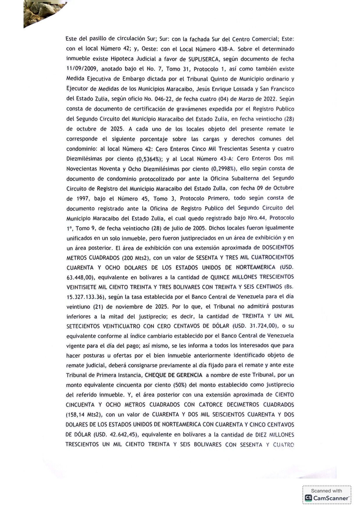 3er. Cartel de Remate en el juicio por Cobro de Bolívares por Vía Ejecutiva que sigue la Junta de Condominio del Centro Comercial Galerías Mall en contra del Grupo Palabro C.A. representada por Antonio Papagallo Altomare 15 15