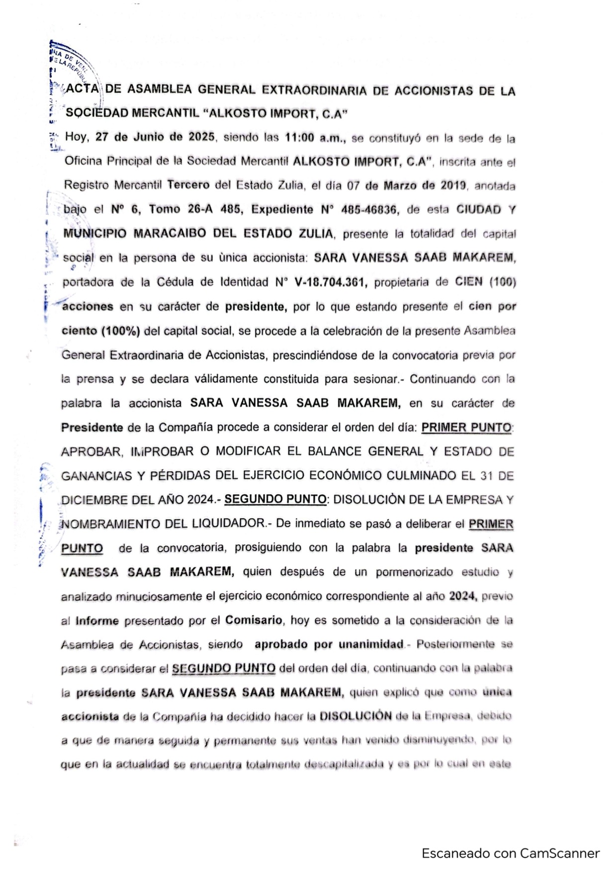 Publicación del Acta de Asamblea General Extraordinaria de Accionistas de Alkosto Import C.A. sobre su Disolución 1 Al Kosto Import1