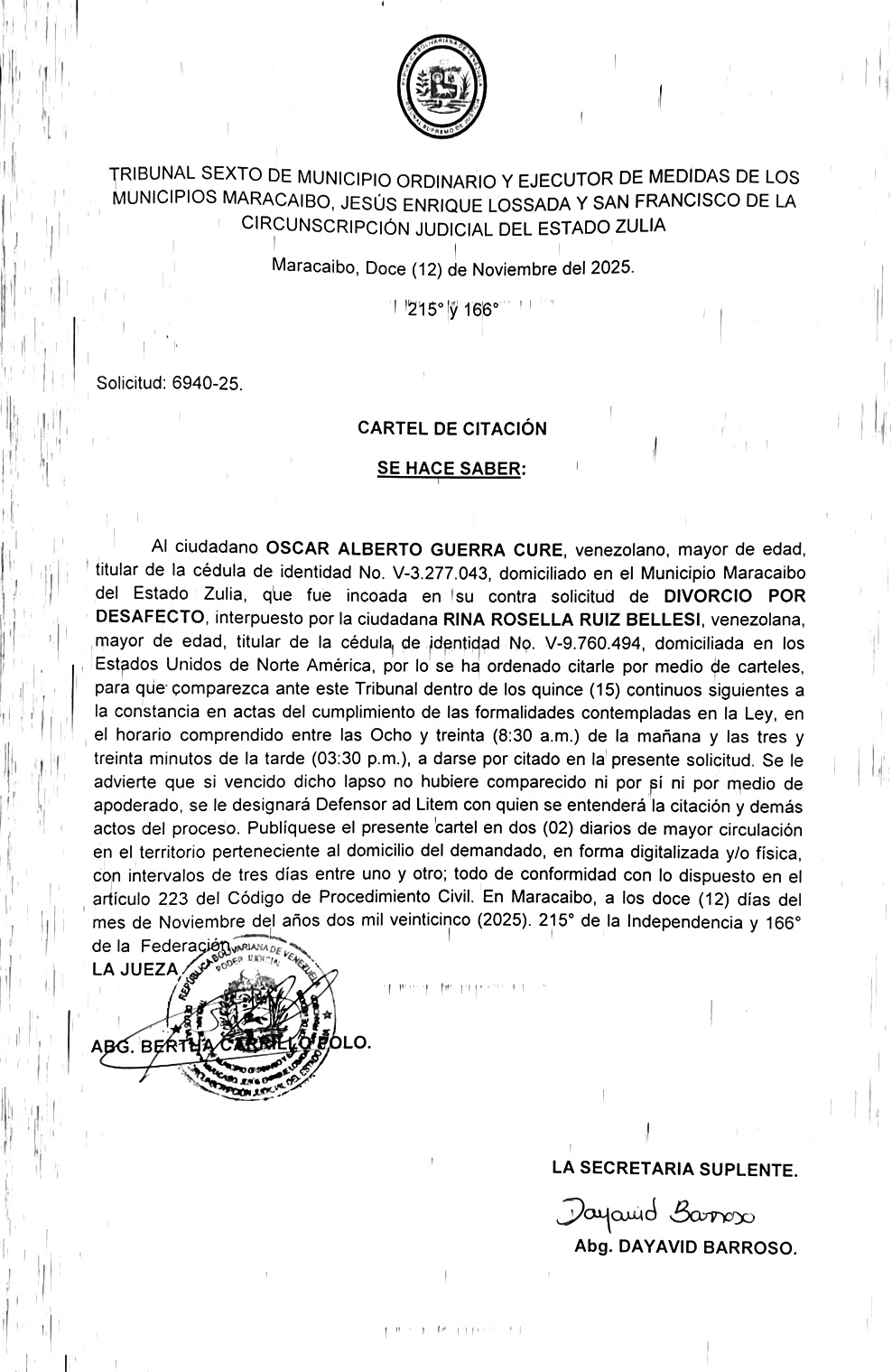 Cartel de Citacion. S. 6940 25