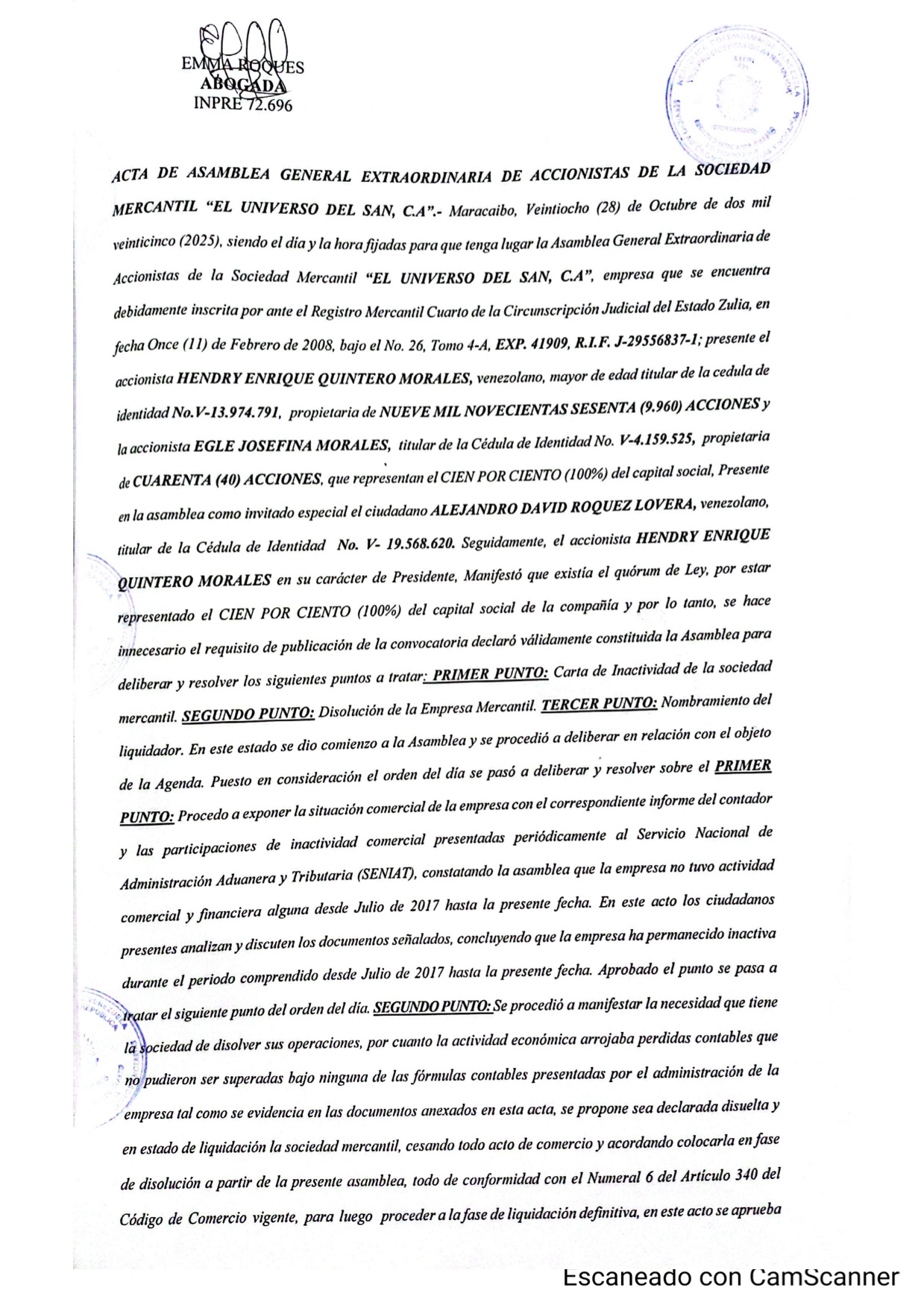 2nda.Publicación del Acta de Asamblea General de Extraordinaria de Accionistas de El Universo del San C.A con ocasión de su Disolución 1 EL UNIVERSO DEL SAN1