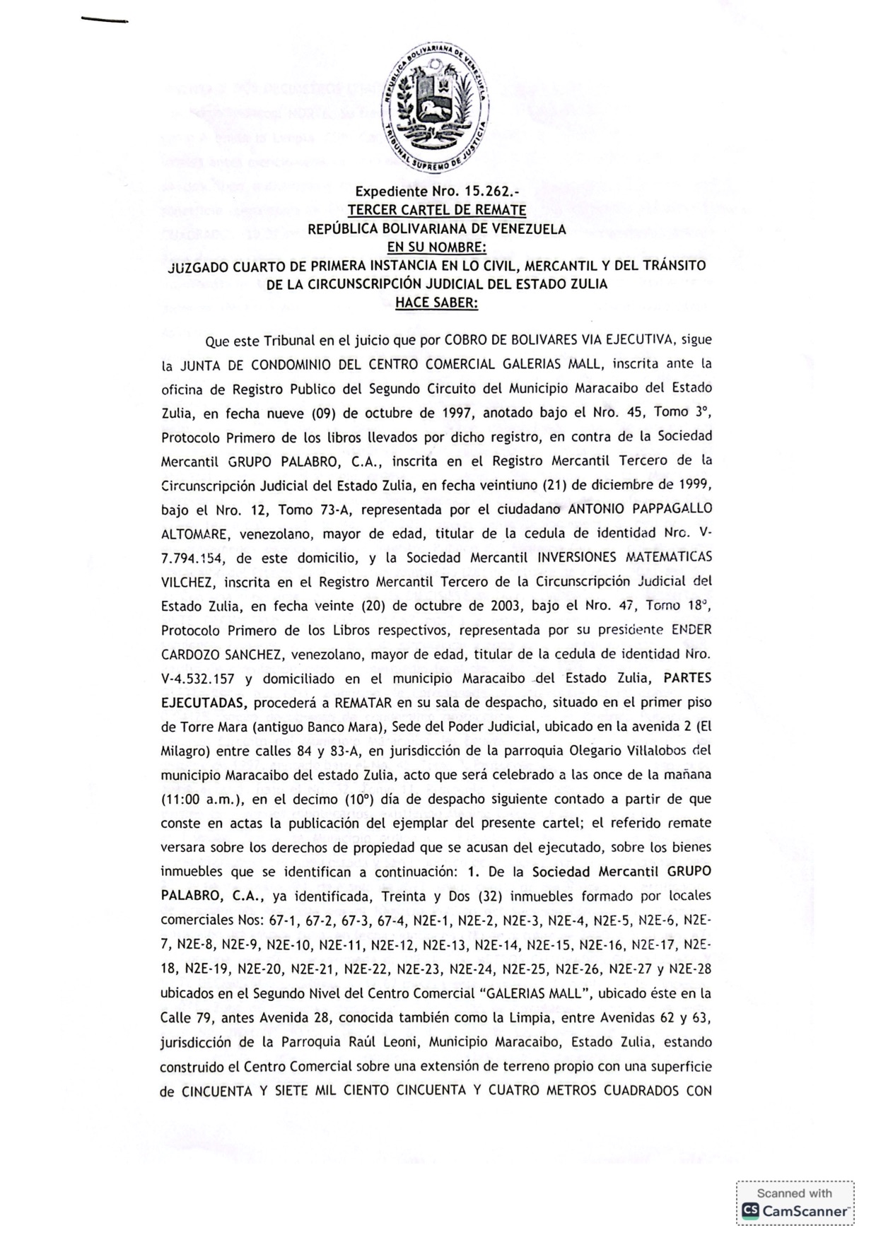 3er. Cartel de Remate en el juicio por Cobro de Bolívares por Vía Ejecutiva que sigue la Junta de Condominio del Centro Comercial Galerías Mall en contra del Grupo Palabro C.A. representada por Antonio Papagallo Altomare 1 OBP8VQDK 1