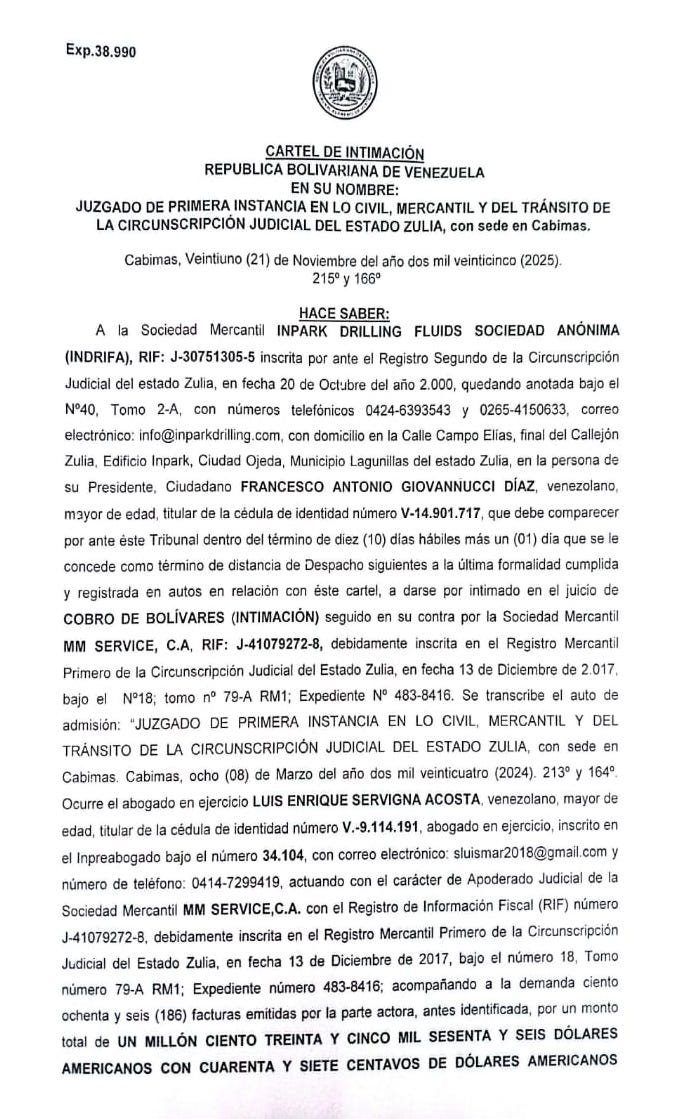 Cartel de Intimación a Francesco Antonio Giovannucci Díaz representante de Inpark Drilling Fluids S.A. al juicio por Cobro de bolívares 1 PHOTO 2025 11 25 17 25 31