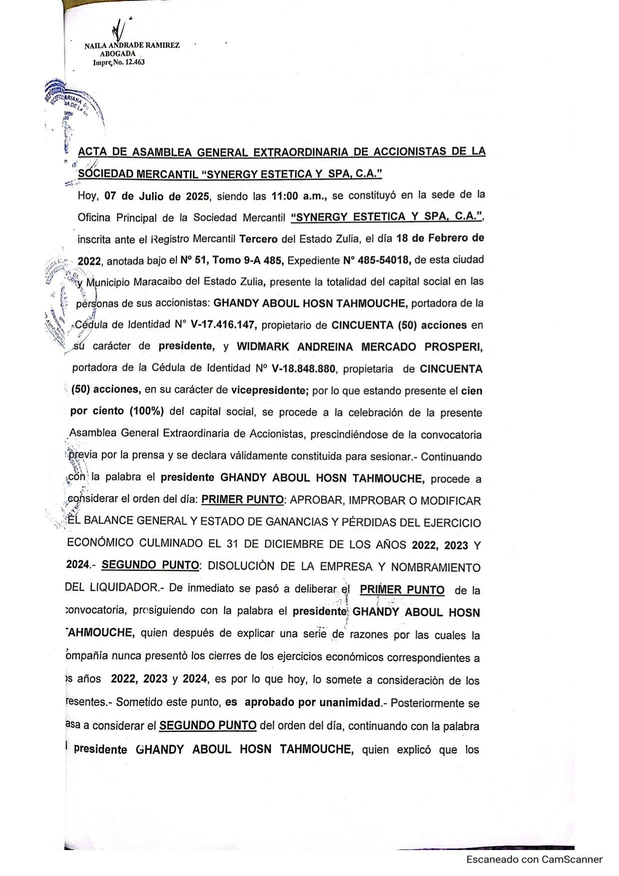 Publicación del Acta de Asamblea General Extraordinaria de Accionistas de Synergy Estética y Spa C.A. sobre su Disolución 1 synergy spa1