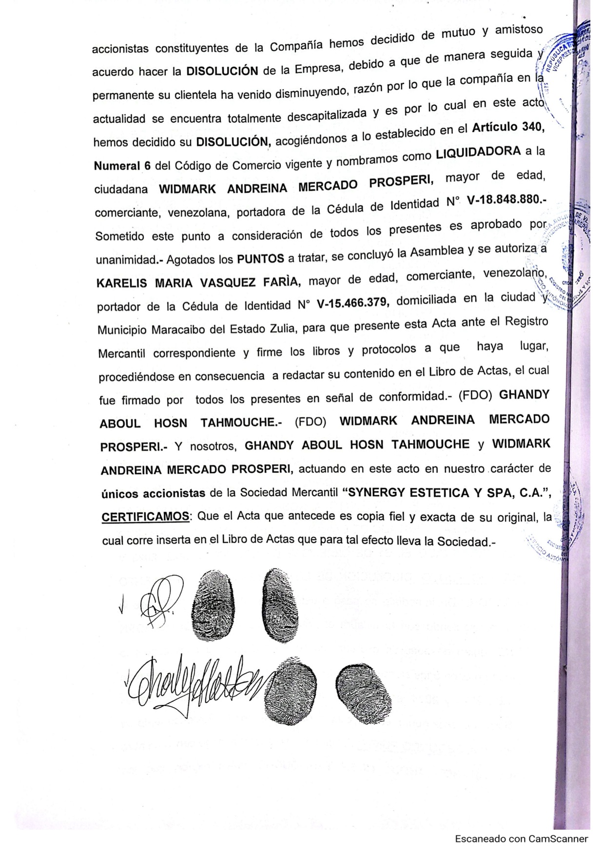Publicación del Acta de Asamblea General Extraordinaria de Accionistas de Synergy Estética y Spa C.A. sobre su Disolución 2 synergy spa2