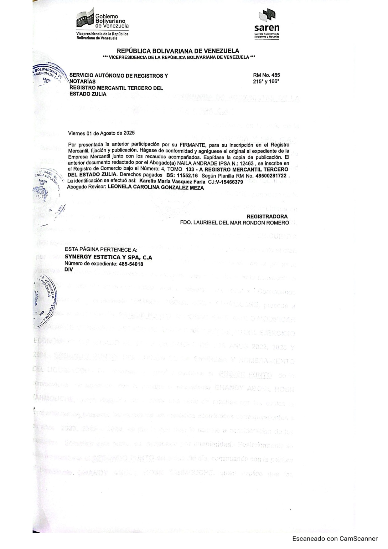 Publicación del Acta de Asamblea General Extraordinaria de Accionistas de Synergy Estética y Spa C.A. sobre su Disolución 4 synergy spa4