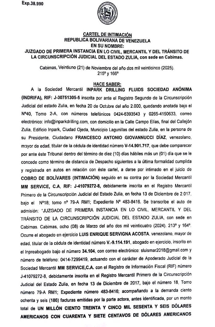 5to. Cartel de Intimación a Francesco Antonio Giovannucci Díaz representante de Inpark Drilling Fluids S.A. al juicio por Cobro de bolívares 1 0ARXLSi6 ccfa9dee 1bbd 4bae af6c 82d5250818bc