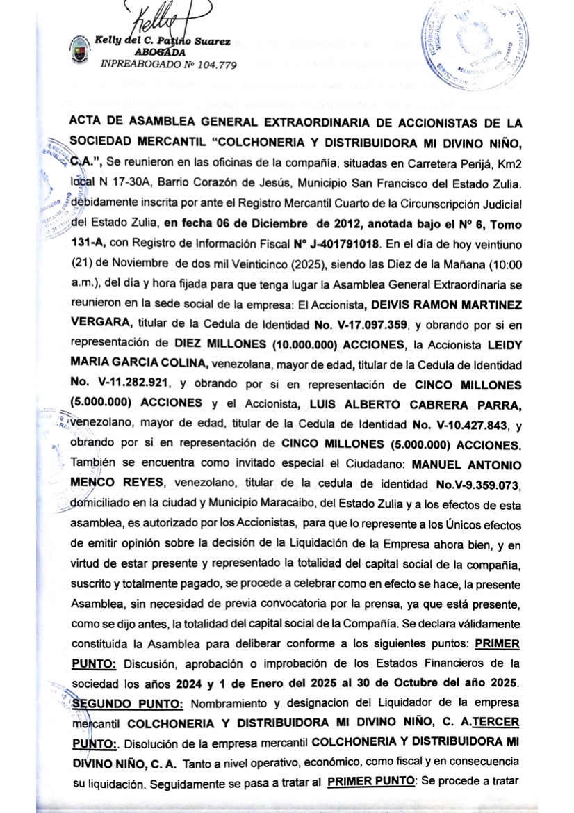 3era. Publicación del Acta de Asamblea General Extraordinaria de Accionistas de Colchonería y Distribuidora Mi Divino Niño C.A. por su Disolución 1 Acta Colchoneria Mi Divino Nino 1