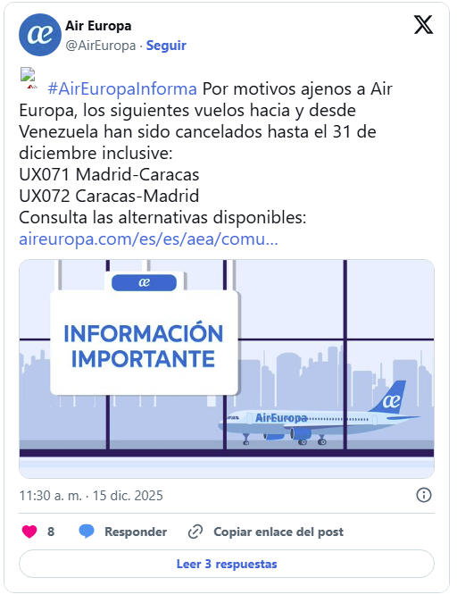 Air Europa amplía la suspensión de operaciones con Venezuela hasta el 31 de diciembre 2 Air