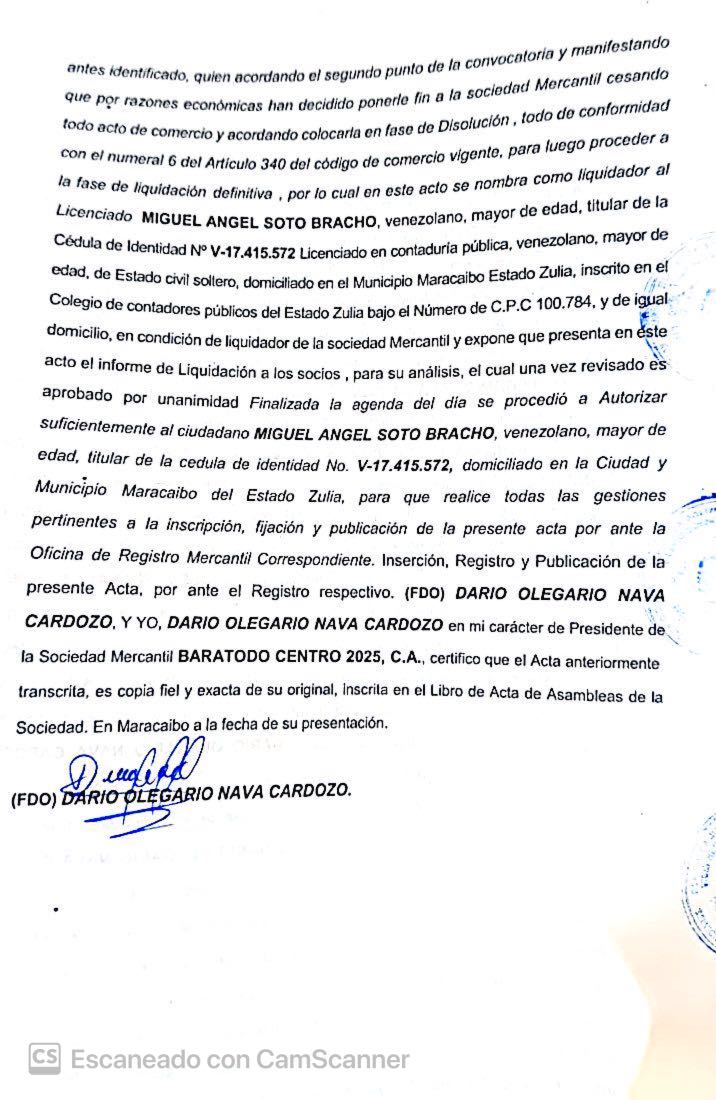 Acta de Asamblea General Extraordinaria de Accionistas de Baratodo Centro 2025 C.A. sobre su Disolución 2 CamScanner 19 12 25 10.15n 5