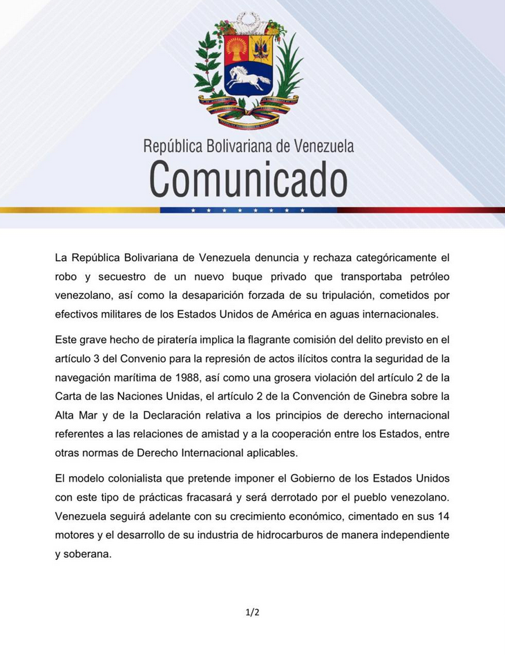 ¡Segundo acto de piratería! EE.UU. se apropió otro buque petrolero que salía de Venezuela frente (+ Comunicado del Estado venezolano) 4 Captura de pantalla 2025 12 21 a las 10.01.52