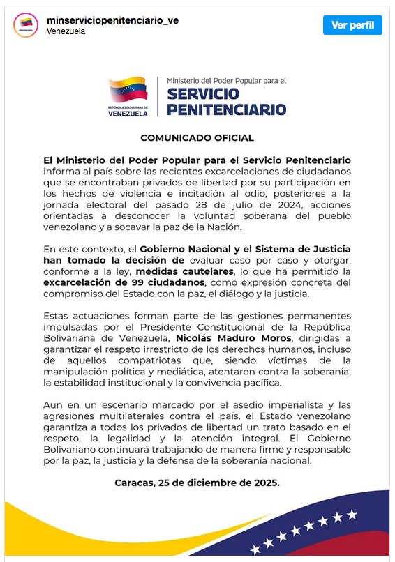 Gobierno nacional excarceló 99 personas detenidas por la violencia post electoral del 2024 2 Captura de pantalla 2025 12 26 a las 8.01.31