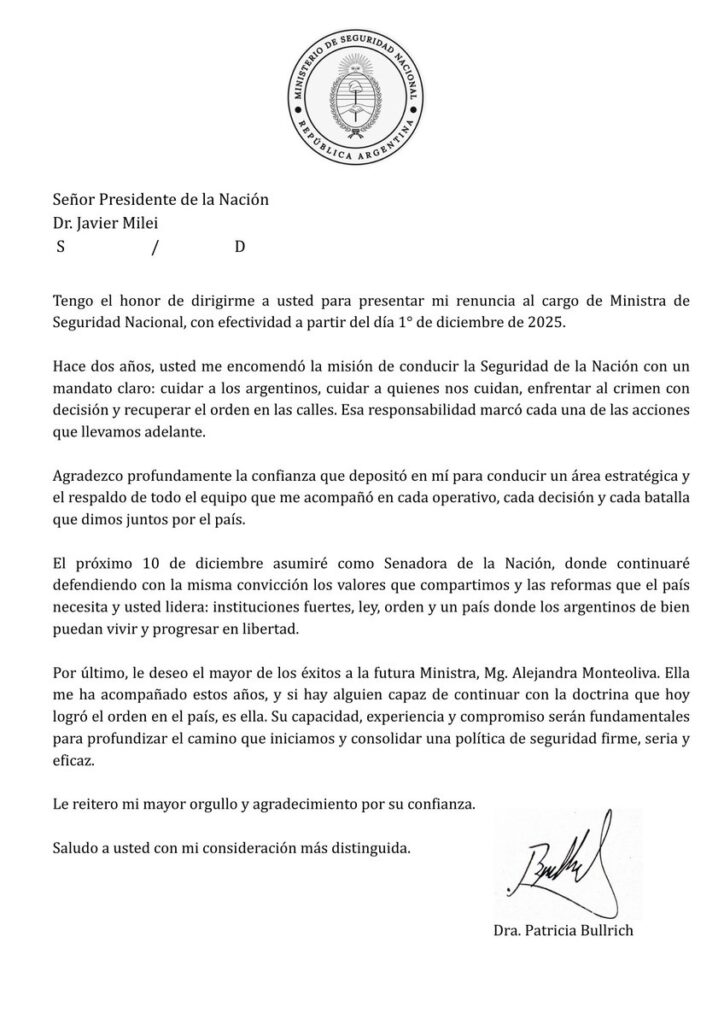 Renunció la ministra de Seguridad Nacional de Argentina 2 Comunicado