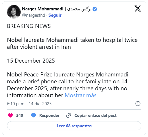Premio Nobel de la Paz Narges Mohammadi denunció golpiza y amenazas de muerte tras ser detenida en Irán 2 Narges