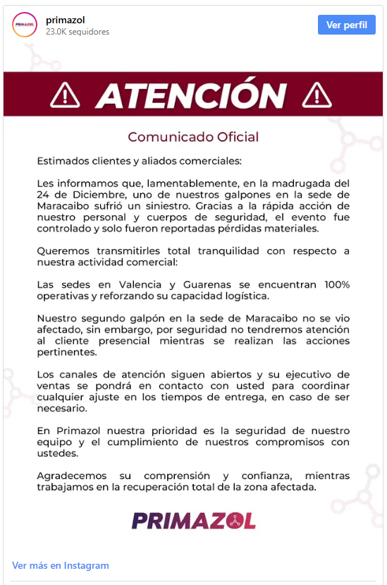 Primazol negó que incendio en su planta esté vinculado al ataque mencionado por Trump 2 Primazol