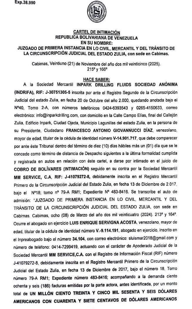 4to. Cartel de Intimación a Francesco Antonio Giovannucci Díaz representante de Inpark Drilling Fluids S.A. al juicio por Cobro de bolívares 1 T0q0cEYb ccfa9dee 1bbd 4bae af6c 82d5250818bc