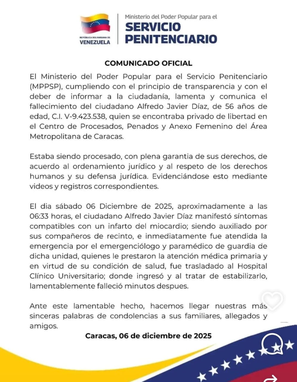 Murió en prisión el dirigente opositor y exgobernador Alfredo Díaz, acusado de conspirar contra el gobierno del presidente Maduro 2 ministerio penitenciario reporta muerte de privado de libertad en caracas 52931