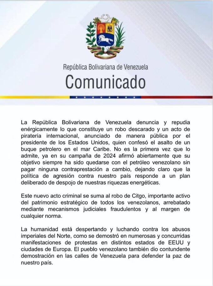 Venezuela denunció «acto de piratería internacional» por el «robo descarado» de un buque petrolero en el Caribe 2 photo 1
