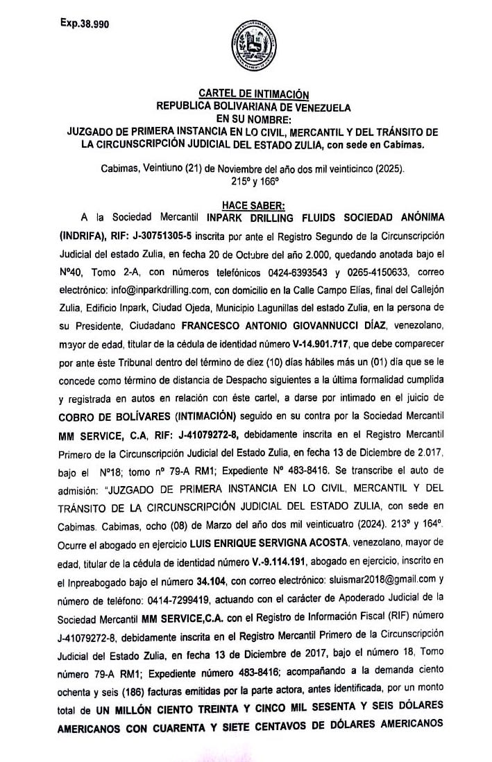 2ndo. Cartel de Intimación a Francesco Antonio Giovannucci Díaz representante de Inpark Drilling Fluids S.A. al juicio por Cobro de bolívares 1 yrUOyXui ccfa9dee 1bbd 4bae af6c 82d5250818bc