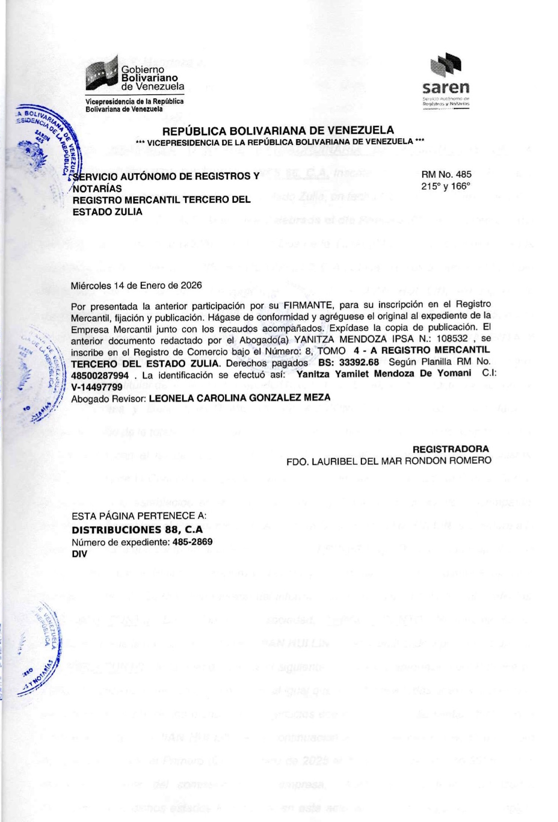Publicación del Acta de Asamblea General Extraordinaria de Accionistas de Distribuciones 88 C.A. sobre su Disolución 4 Distribuciones4