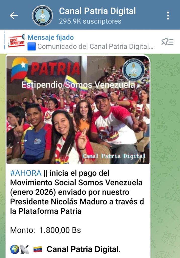 Pagan bono «Somos Venezuela» de enero 2 EstipendioSomosVenezuelaEnero2026