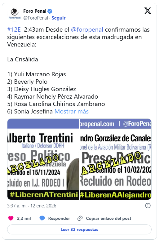 Se registraron 24 nuevas excarcelaciones de políticos presos la madrugada de este lunes 3 Foro
