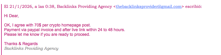 ¡Warning! Backlinks Providing Agency (thebacklinksprovider@gmail.com) it's a scam for services of sponsored content (paid posts or link building) 2 Backlinks Providing Agency thebacklinksprovider@gmail.com