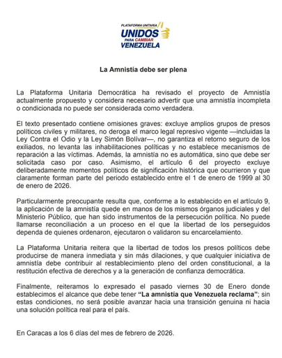 La Plataforma Unitaria Democrática alertan sobre «vacíos» importantes en el Proyecto de la Ley de Amnistía 2 Captura de pantalla 2026 02 07 a las 19.46.32