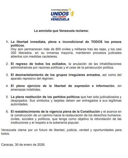 La Plataforma Unitaria Democrática alertan sobre «vacíos» importantes en el Proyecto de la Ley de Amnistía 3 Captura de pantalla 2026 02 07 a las 19.46.44