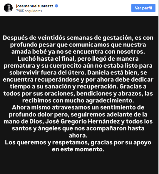 Daniela Alvarado y José Manuel Suárez anunciaron la pérdida de su bebé 2 Comunicado Suarez
