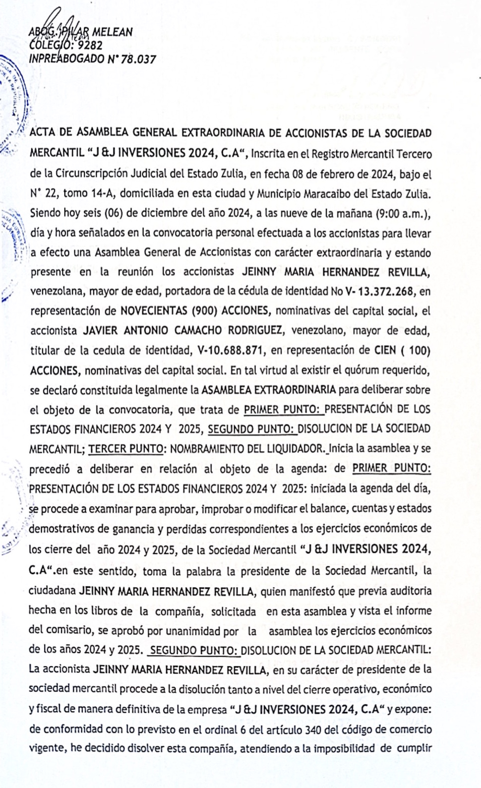 Acta de la Asamblea General Extraordinaria de Accionistas de J&J Inversiones C.A. donde se resuelve su Disolución 1 JJ 1