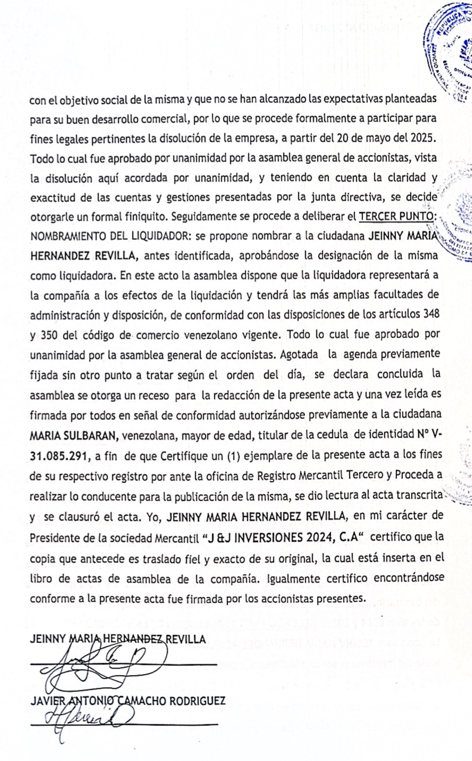 Acta de la Asamblea General Extraordinaria de Accionistas de J&J Inversiones C.A. donde se resuelve su Disolución 2 JJ 2