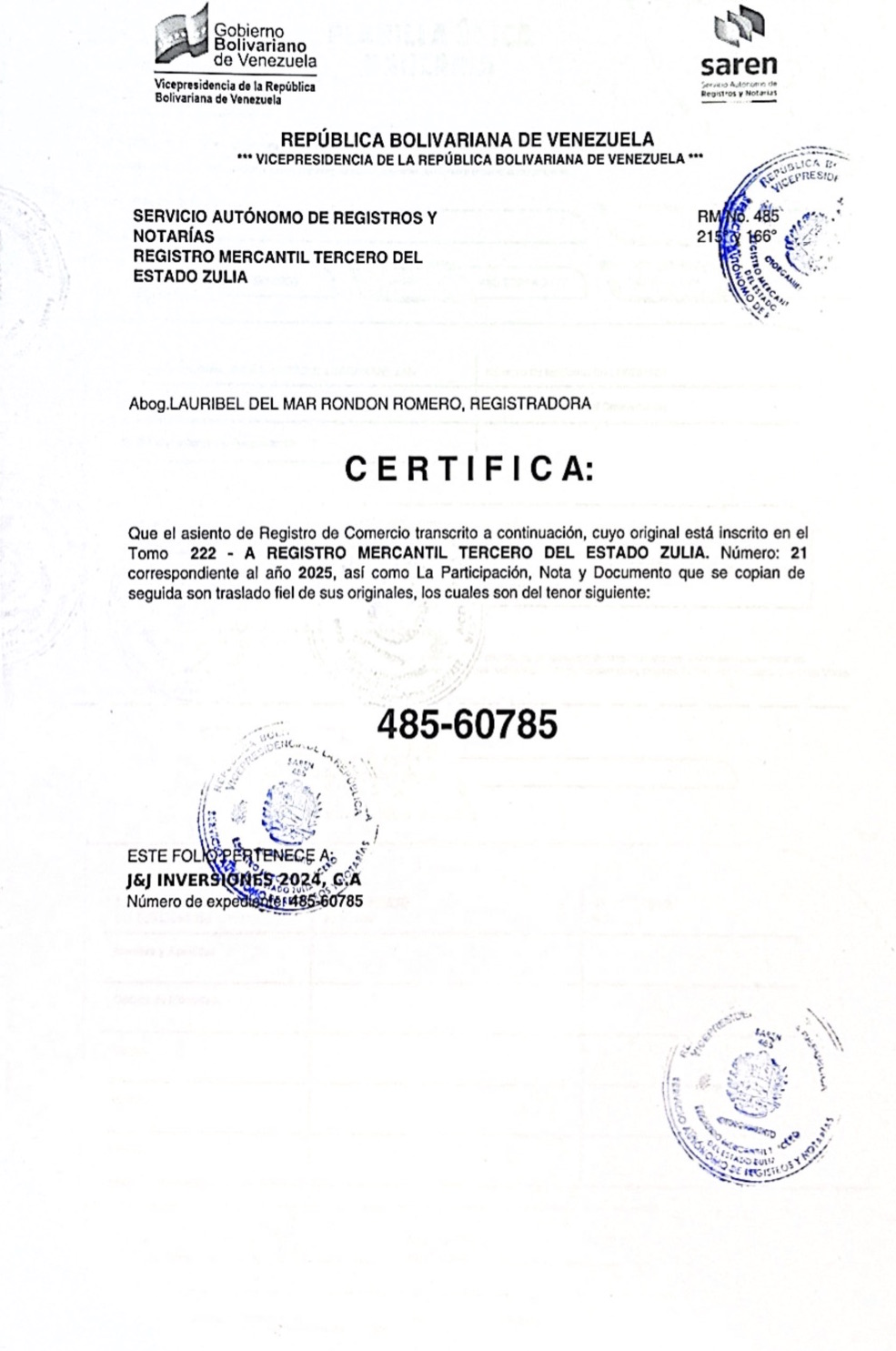 Acta de la Asamblea General Extraordinaria de Accionistas de J&J Inversiones C.A. donde se resuelve su Disolución 5 JJ 5