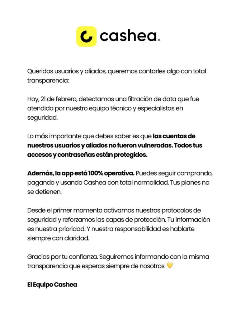 Cashea confirmó filtración datos, pero asegura cuentas de usuarios y clientes «no fueron vulneradas» ¡Pilas! 2 WhatsApp Image 2026 02 22 at 10.07.14 AM