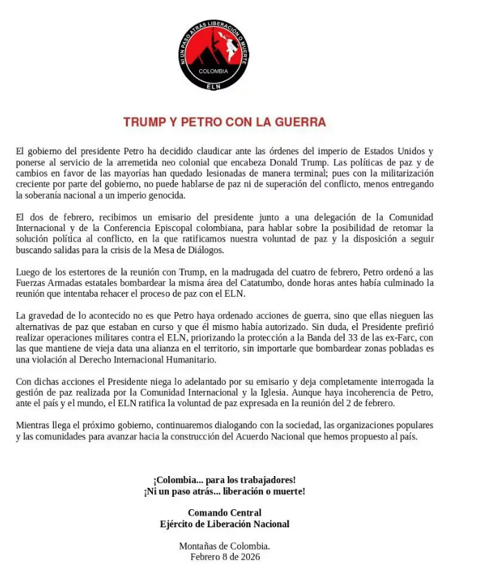 Guerrilla colombiana del ELN acusó a Petro de ceder ante EE. UU. tras ofensiva en Catatumbo 2 eln2