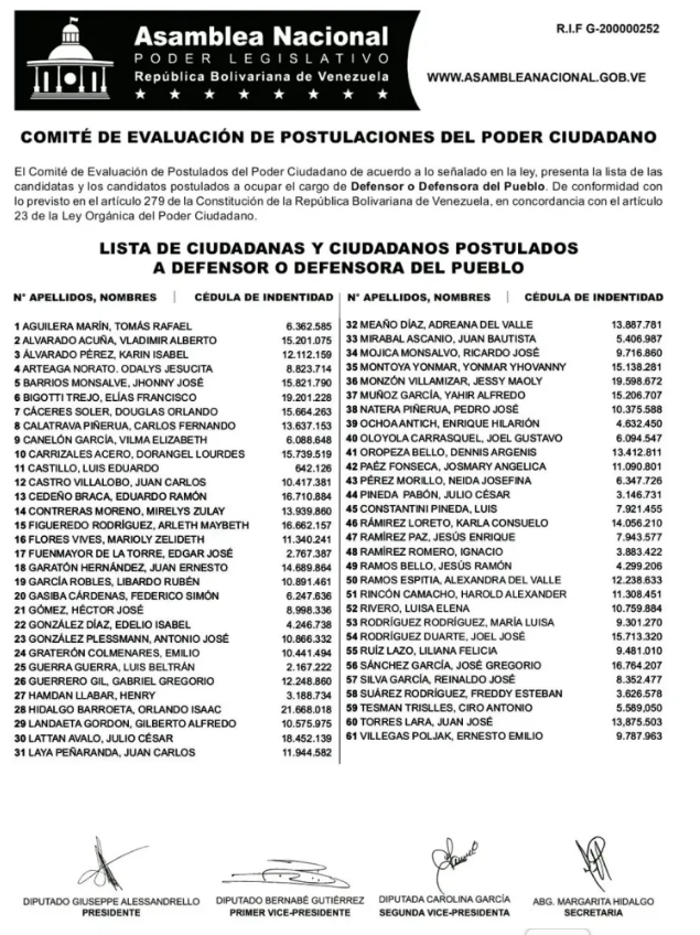 Asamblea Nacional presentó lista de postulados a Defensoría y Fiscalía 2 Defensoria
